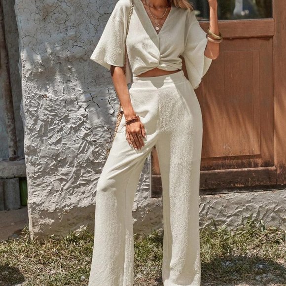 . Tops - Apricot Boho Womens Twist Front Drop Shoulder Crop Top & Wide Leg Pants